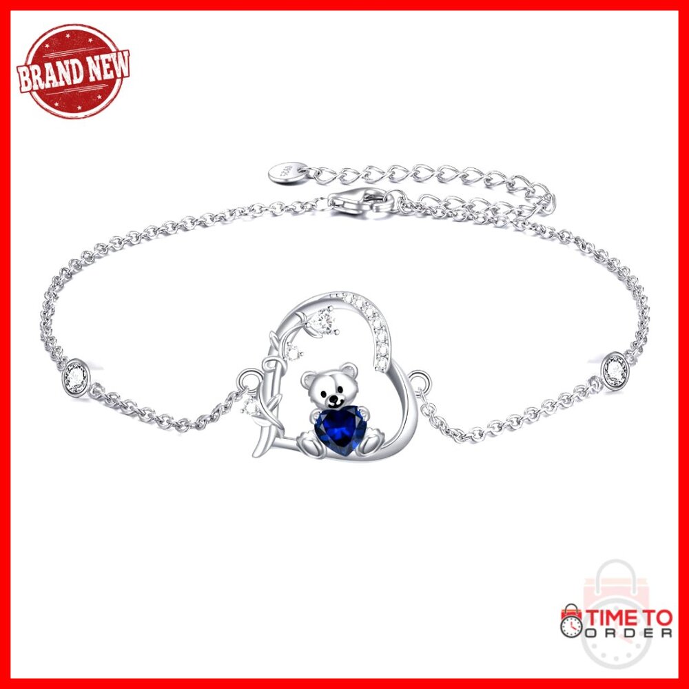 Sterling Silver Teddy Bear Birthstone Bracelet Elegant Charm Jewelry Gift